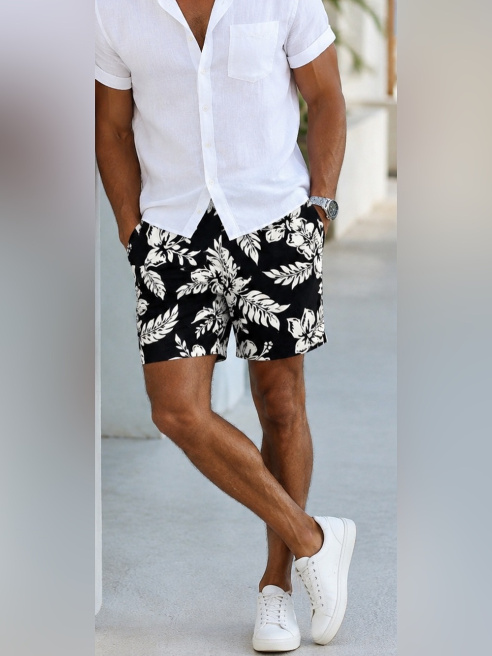 Nautica Men’s 34W Tropical Floral Black White Cotton Shorts NWT